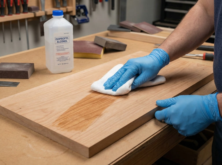 Mavi eldiven giyen bir kişi, çalışma tezgahındaki ahşap bir tahtanın üzerine izopropil alkol sürüyor; yakınlarda zımpara blokları ve aletler bulunuyor.