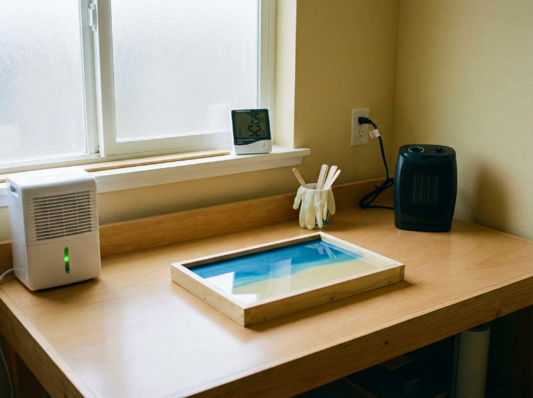 Nem alma cihazı ve ısıtıcı yanında, nem ve sıcaklık monitörüyle birlikte bir tezgah üzerinde kürlenen küçük çerçeveli epoksi sanat eseri.