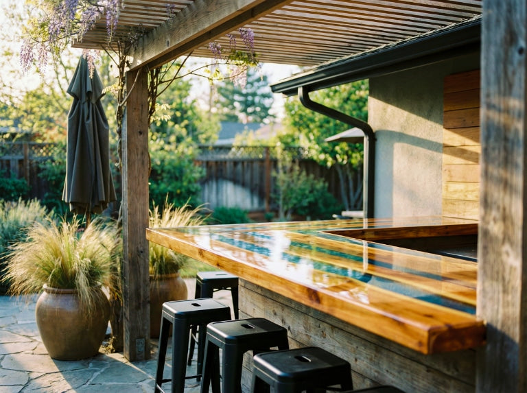 Pergolanın altında, bahçe bitkileri ve veranda oturma alanıyla çevrili, parlak epoksi kaplamalı dış mekan bar tezgahı.