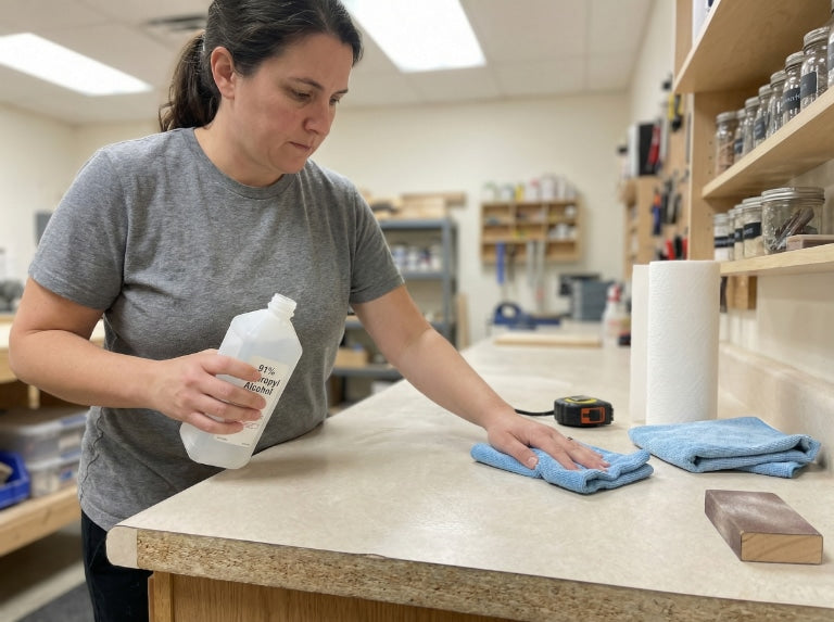 Bir kadın, atölye ortamında %91 izopropil alkol ve mavi mikrofiber bez kullanarak laminat bir tezgahı temizliyor.