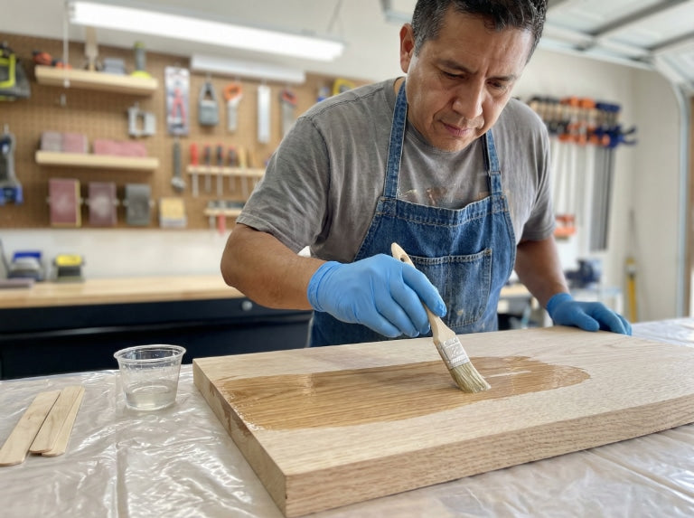 Mavi eldiven ve önlük giyen bir adam, garaj atölyesinde bir fırçayla ahşap bir tahtaya epoksi kaplama uyguluyor.