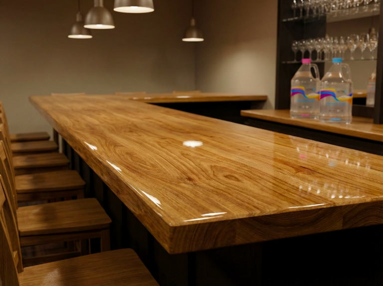 Loş bir bar iç mekanında yeni tamamlanmış epoksi kaplı ahşap bar tezgahı, arka planda hafifçe bulanık görünen iki adet UltraClear Epoksi galon şişesi.