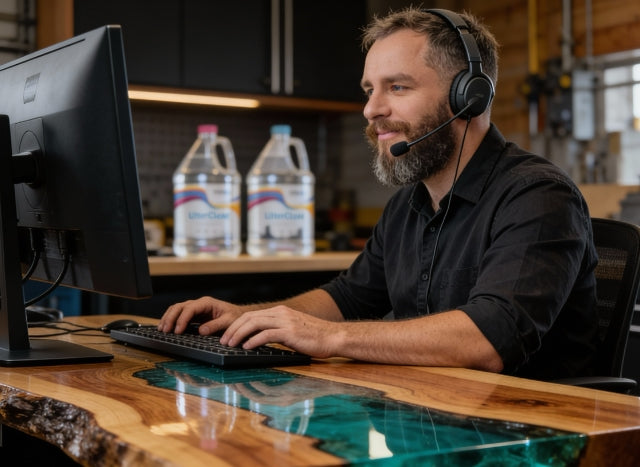 Bilgisayar başında kulaklık takarak müşteri hizmeti veren bir UltraClear Epoxy uzmanı.